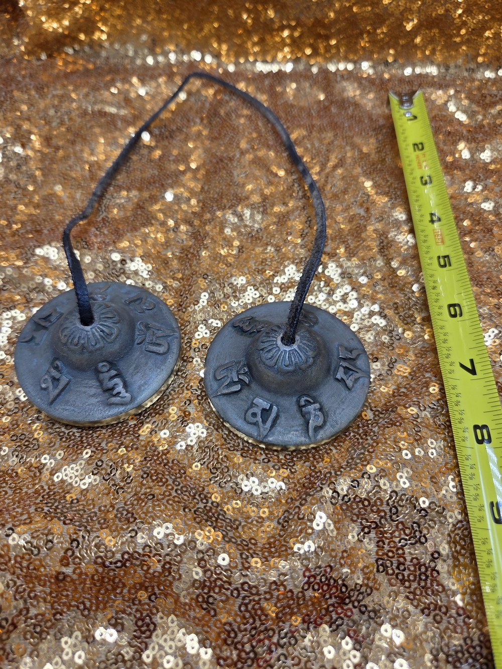 Handmade Tibetan Tingsha Cymbals with Mantra Engraving - Dark Bronze